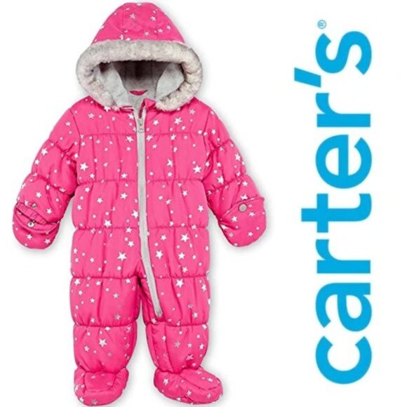 Carters | Pink and Silver Stars One Piece Snowsuit Pram | Size 6-9 Months - Picture 1 of 8